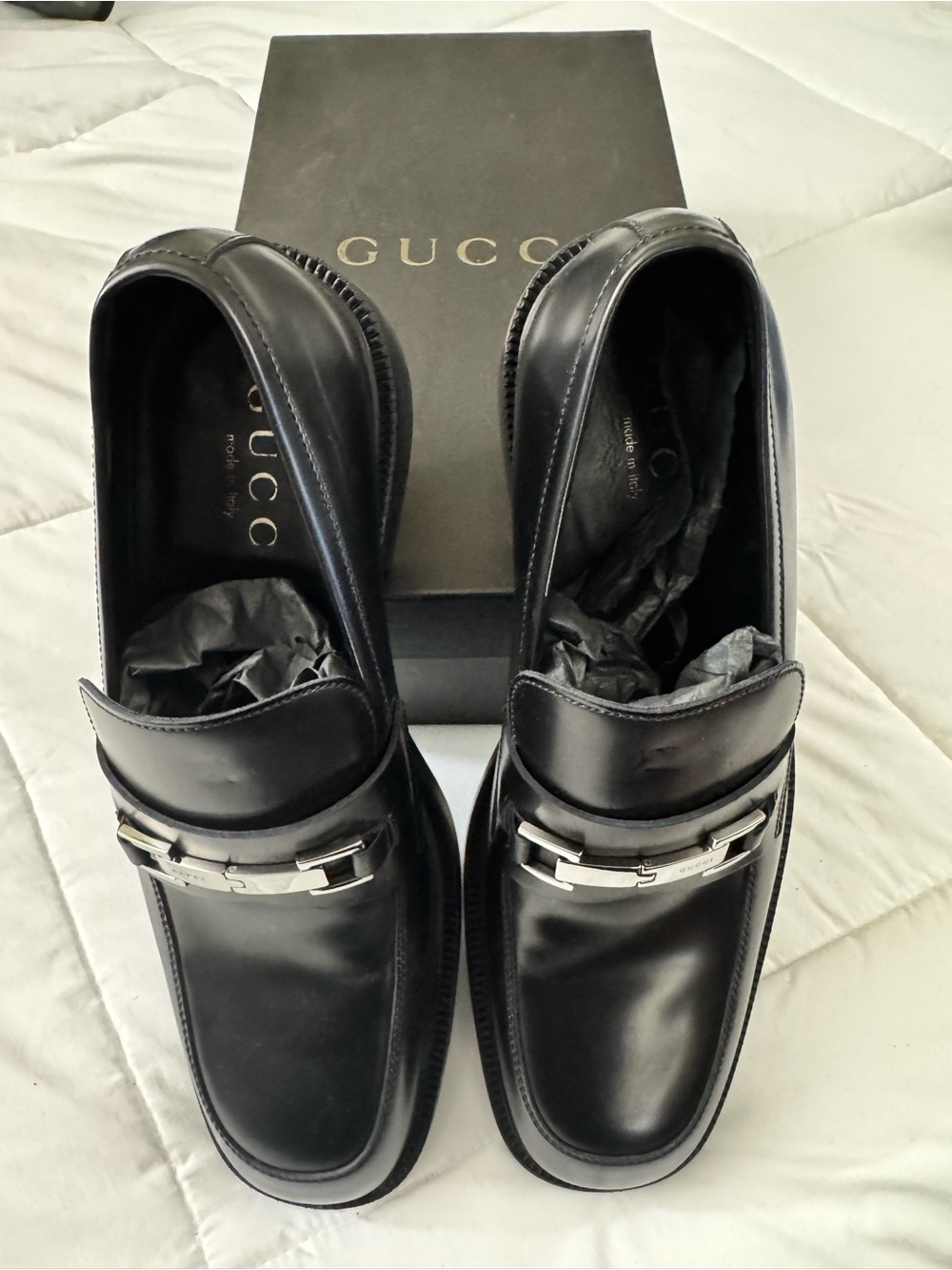 Gucci Black Leather Men's Bit Loafers with Silver Hardware